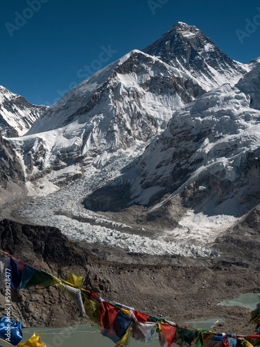 Nepal. View of Everest, Khumbu glacire and buddhist prayer flags from Kala Pattar.