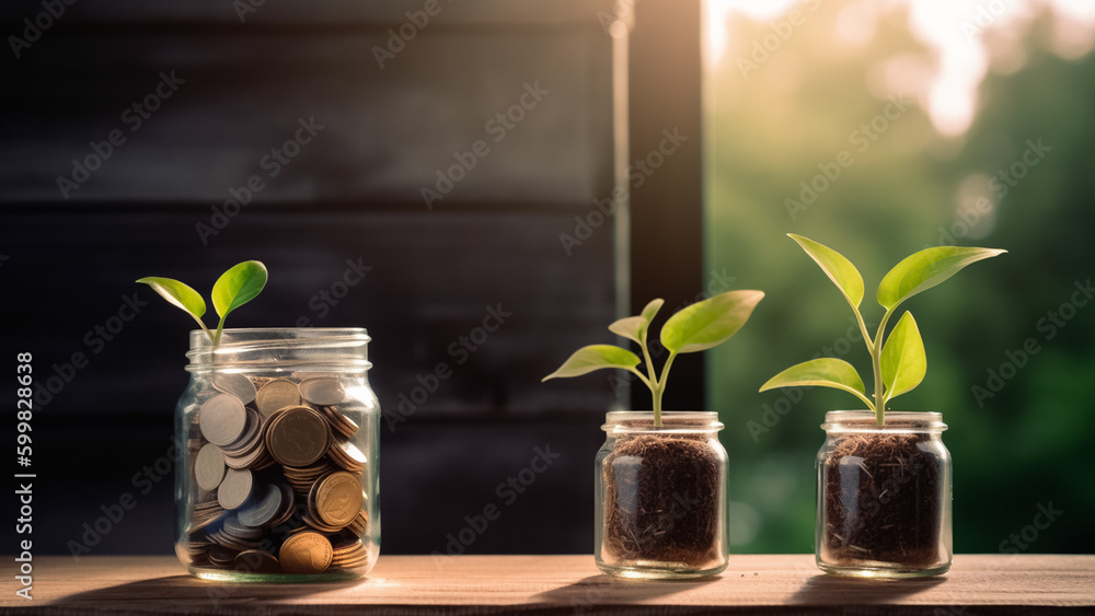 Financial Growth Concept - Plant Growing from Coins in a Glass Jar on a Blurred Natural Background Financial Growth Concept - Plant Growing from Coins in a Glass Jar on a Blurred Natural Background