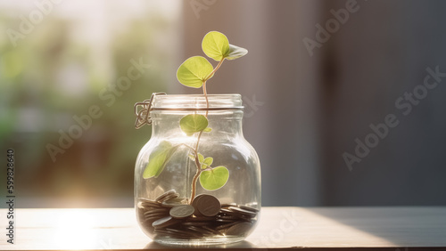 Financial Growth Concept - Plant Growing from Coins in a Glass Jar on a Blurred Natural Background