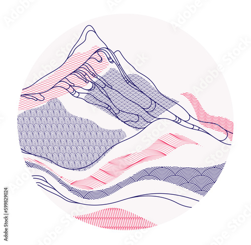 Oriental Japanese style vector abstract illustration in a shape of circle, background in Asian traditional style, wavy shapes and mountains terrain, runny like sea lines.