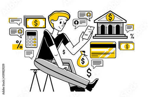 Online banking vector outline illustration, manager working with finances or customer manages his account with deposit or credit, e-banking.