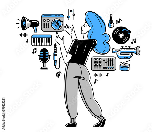 Music producer composing new track vector outline illustration, sound engineer doing his job in recording studio, composer creating audio mix.