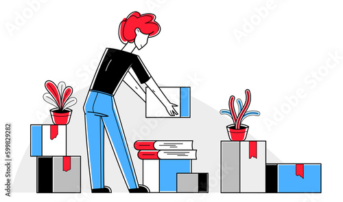 Moving to new apartment or business moving to new office, person carry and unpack boxes with stuff, beginning of new life, vector outline illustration.