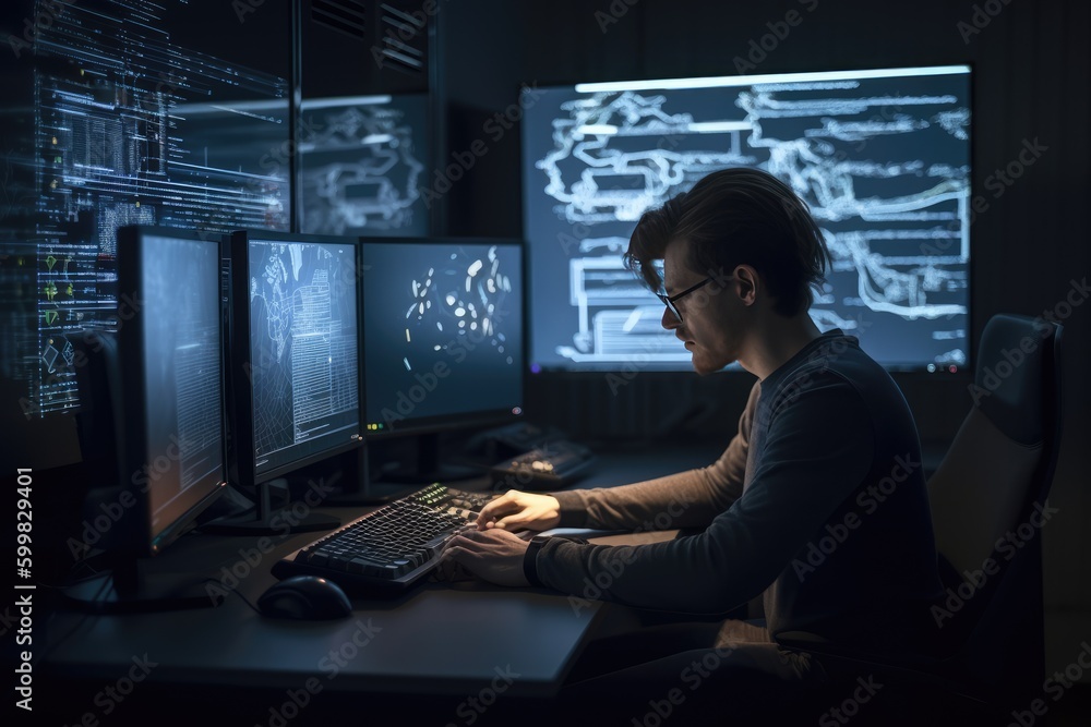 Programmer working at their computer, surrounded by monitors displaying code. Generative AI Programmer working at their computer, surrounded by monitors displaying code. Generative AI