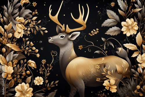 Elegant Luxury Golden and Black Deer Animal with Seamless Floral and Flowers with Leaves background. 3d Abstraction Modern interior mural painting illustration