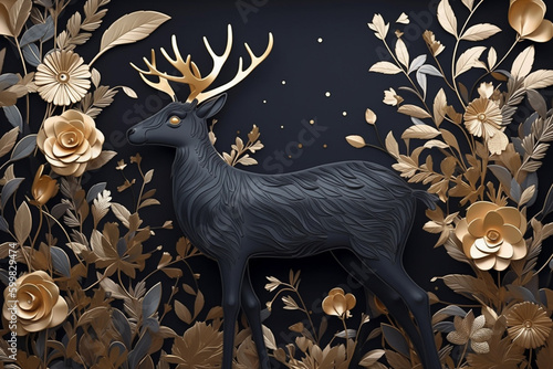 Elegant Luxury Golden and Black Deer Animal with Seamless Floral and Flowers with Leaves background. 3d Abstraction Modern interior mural painting illustration