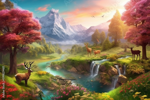 Fototapeta Naklejka Na Ścianę i Meble -  Nature Travel Lovely Countryside view Valley Meadow Beautiful Place Background with Mountains, Deer Animals, Flowers, Forest Trees, River, and Waterfall. 3d Interior Mural wall art Wallpape