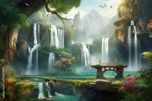 Beautiful Nature Scenery Travel Lovely Place Background with Tropical Leaves, Flowers, Forest Trees, Park, Waterfall, Butterfly and Peacocks. 3d Interior Mural Home Living Room Wallpaper