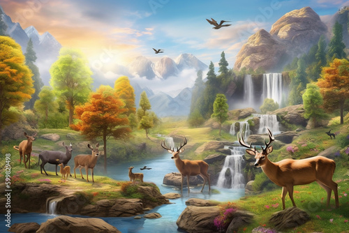 Nature Travel Lovely Countryside view Valley Meadow Beautiful Place Background with Mountains, Deer Animals, Flowers, Forest Trees, River, and Waterfall. 3d Interior Mural wall art Wallpape © Artofinnovation