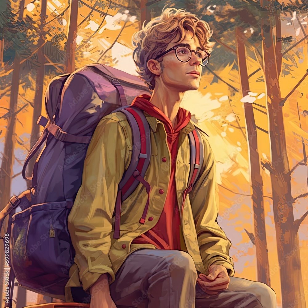 Illustration of a backpacker man and abstract art, AI Generated Illustration of a backpacker man and abstract art, AI Generated
