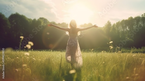 A young happy woman dancing in sunbeams at a green spring meadow feeling free. Generative AI.