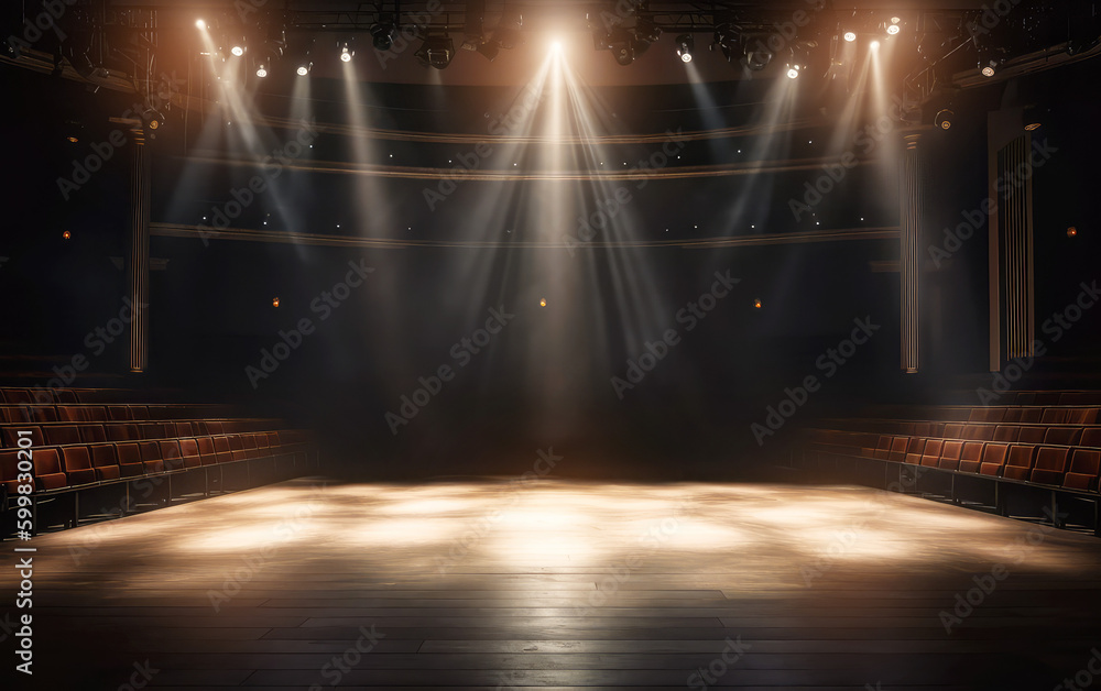 Empty stage of the theater, lit by spotlights before the performance. Red round podium on bright background. Empty pedestal for award ceremony. Platform illuminated by spotlights. Generative AI - obrazy, fototapety, plakaty 