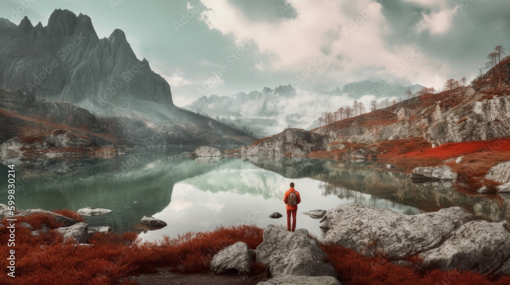 A man  standing in front of a lake, mountainous vistas, emerald and crimson -desktop background, AI generated 