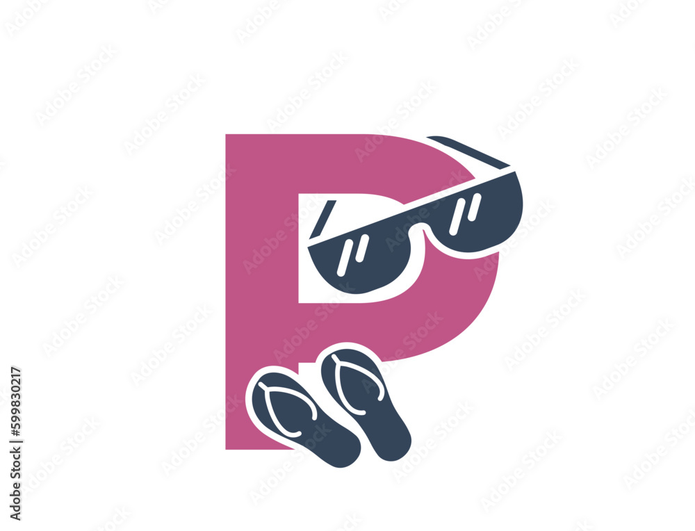 letter p with sunglasses and flip flops. vacation alphabet logo symbol. summer tourism design. isolated vector image letter p with sunglasses and flip flops. vacation alphabet logo symbol. summer tourism design. isolated vector image