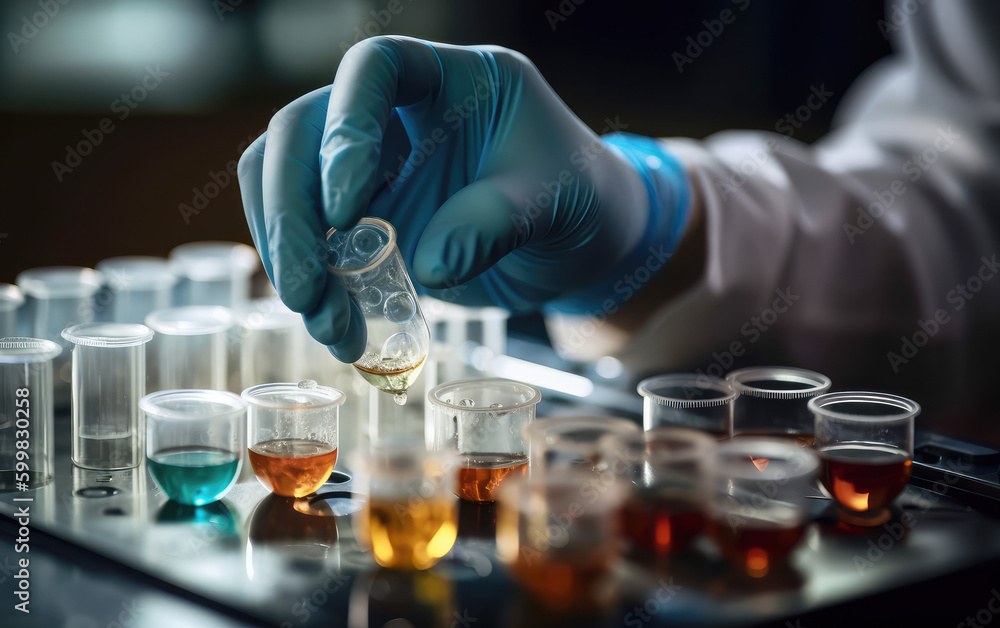 the hands of a laboratory assistant in a medical laboratory hold dishes. Test tubes during the study, health and medical concept. Generative ai the hands of a laboratory assistant in a medical laboratory hold dishes. Test tubes during the study, health and medical concept. Generative ai