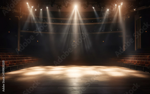 Empty stage of the theater, lit by spotlights before the performance. Red round podium on bright background. Empty pedestal for award ceremony. Platform illuminated by spotlights. Generative AI