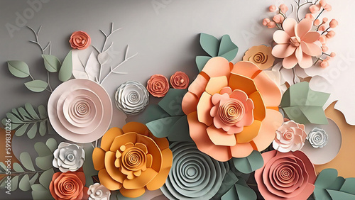 Fototapeta Naklejka Na Ścianę i Meble -  3d floral craft wallpaper. orange, rose, green and yellow flowers in light background. for kids room wall decor. Generative AI
