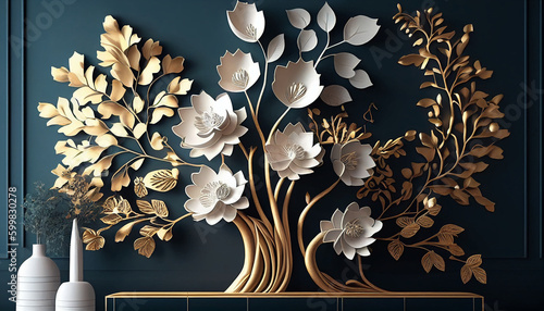 3d wallpaper floral tree background with white flower leaves and golden stem. interior wall home decor. Generative AI