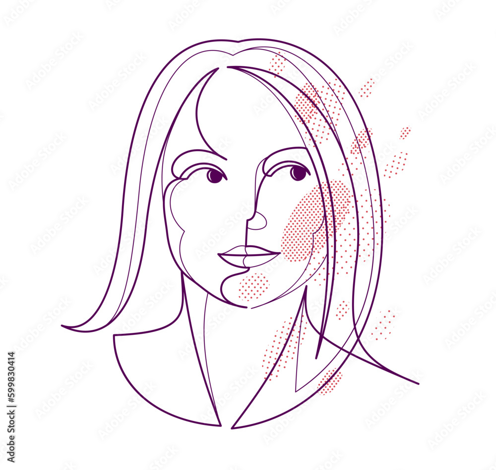 Beautiful face of attractive woman vector linear drawing, sensitive emotional line art adult girl portrait, feminine abstract face line art. Beautiful face of attractive woman vector linear drawing, sensitive emotional line art adult girl portrait, feminine abstract face line art.