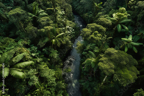 Tropical green lush rainforest near amazon river  top drone view landscape