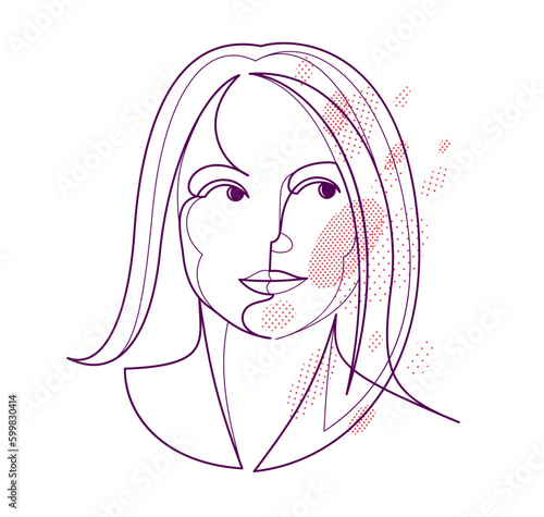 Beautiful face of attractive woman vector linear drawing, sensitive emotional line art adult girl portrait, feminine abstract face line art.