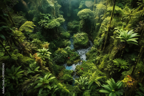 Tropical green lush rainforest near amazon river  top drone view landscape