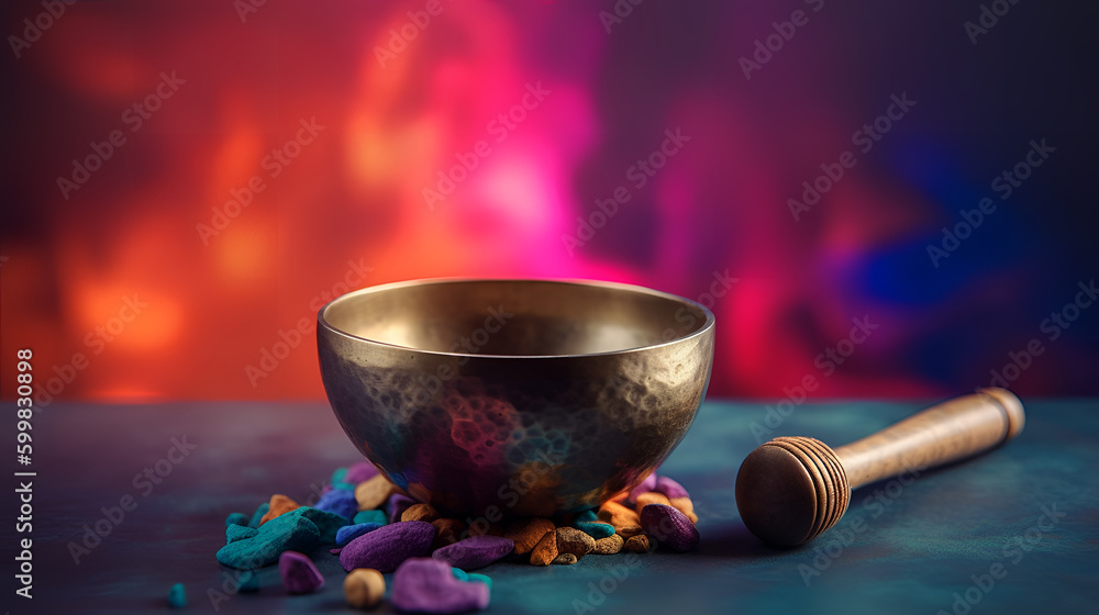 Tibetan singing bowl and mallet with tumbled healing stones on colorful