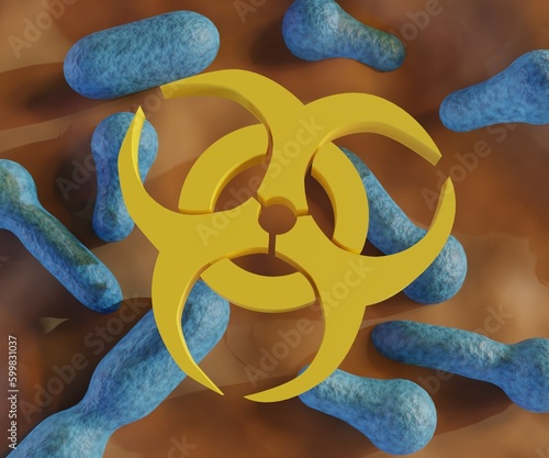 A biological hazard, or biohazard symbol with pathogenic bacteria scattered 3d rendering photo