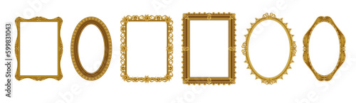 Realistic picture frames. Empty gold museum borders. Golden photo antique ornate. Victorian royal ornaments. Luxury rococo art. Oval and square decorative frameworks. Vector exact set