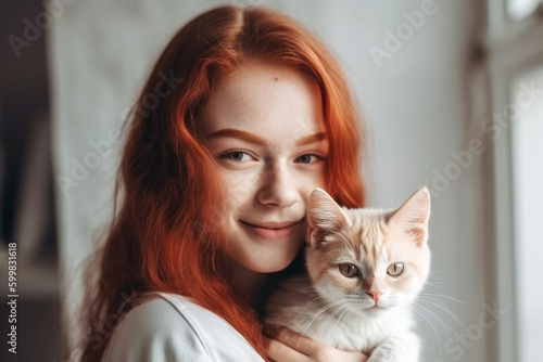 Red-haired young woman hugs her cat Generative AI