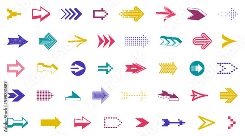 Arrow symbols big set of different shapes styles and concepts, cursors for icons or logo creation, single color monochrome logotypes.