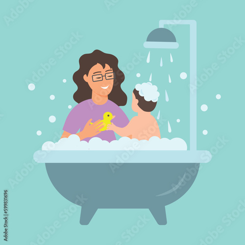 Mom bathes her baby in a bubble bath. Vector hand drawn illustration in cartoon flat style.