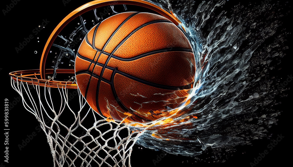 basketball game ball in hoop. Generative AI basketball game ball in hoop. Generative AI