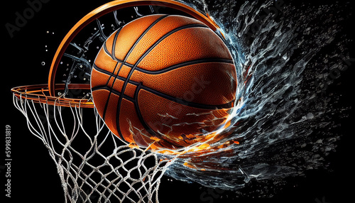 basketball game ball in hoop. Generative AI © mfz