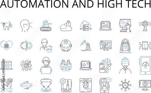 Automation and high tech line icons collection. Artificial intelligence, Modern technology, Computerized systems, Digital revolution, Robotic innovations, Automated processes, Technological