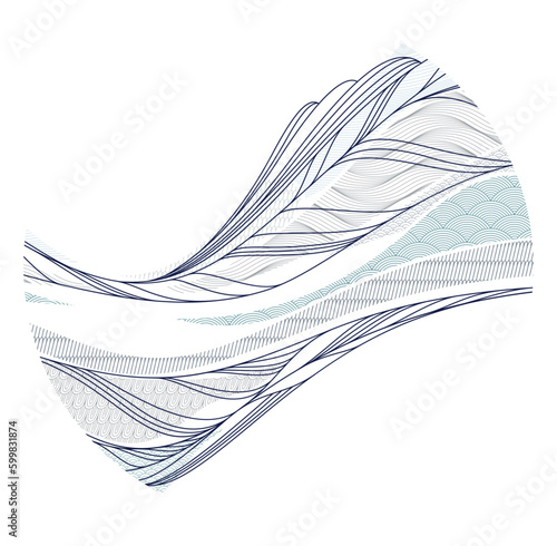 Abstract oriental Japanese art vector background in a shape of circle, traditional style design, wavy shapes and mountains terrain landscape, runny like sea lines.