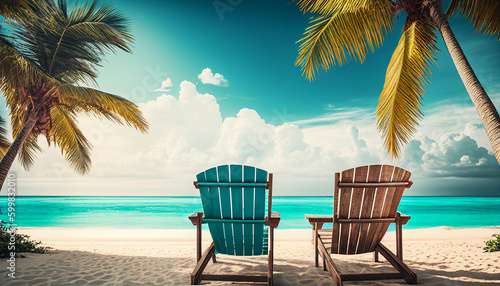 beach chairs on beautiful tropical beach. Generative AI