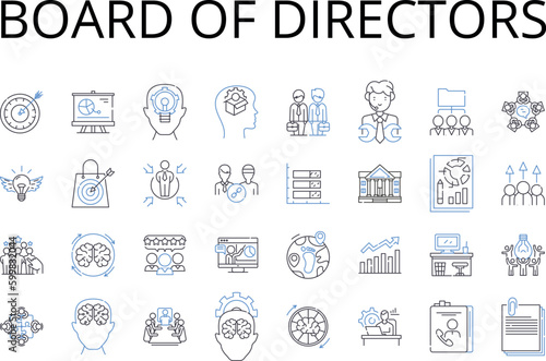 Board of Directors line icons collection. Executive Committee, Management Team, Advisory Board, Steering Group, Leadership Council, Senior Staff, Governing Council vector and linear illustration