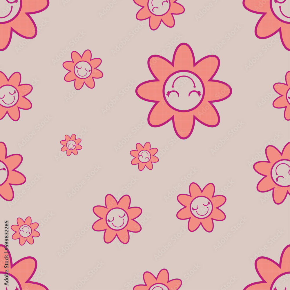 70’s cute seamless smiley face daisy pattern with flowers. Retro groovy seamless pattern. 70’s cute seamless smiley face daisy pattern with flowers. Retro groovy seamless pattern.