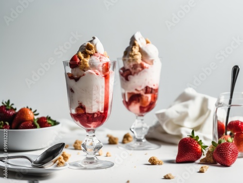 Ice cream sundae with strawberry sauce on white table. Generative AI