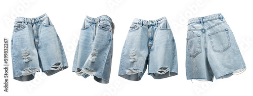 Ripped handmade jeans shorts floating from different sides on light gray background. Fashionable female trendy denim clothes. Cut out objects for design. Creative concept Summer Women's Clothing