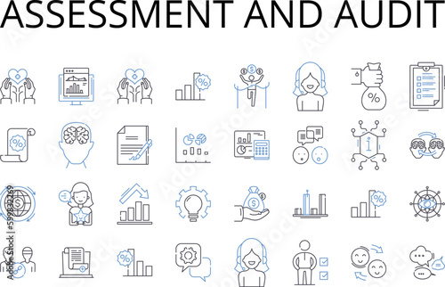 Assessment and audit line icons collection. Analysis and evaluation, Appraisal and inspection, Review and examination, Check and verification, Scrutiny and examination, Appraise and scrutinize © michael broon