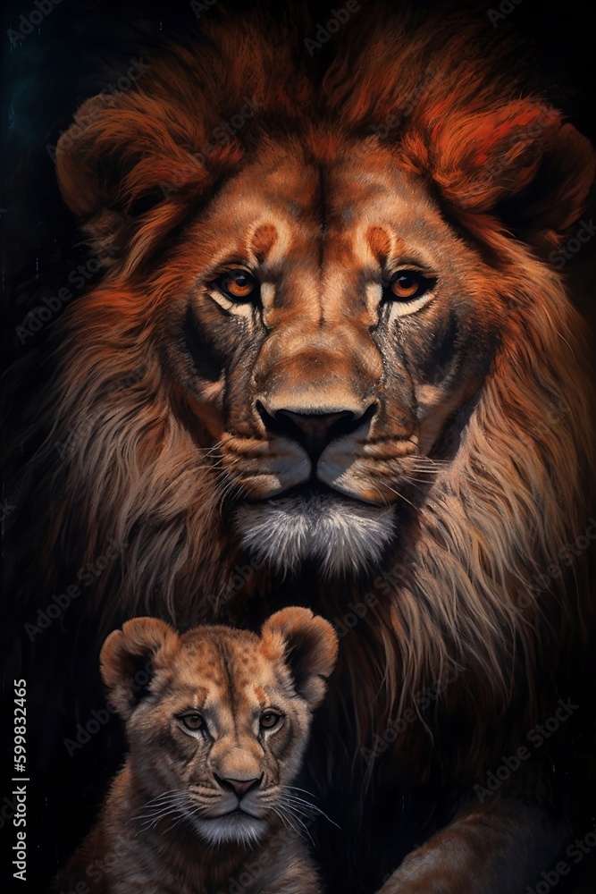 Fototapeta premium Powerful Lion with Adorable Cub - Generative ai
