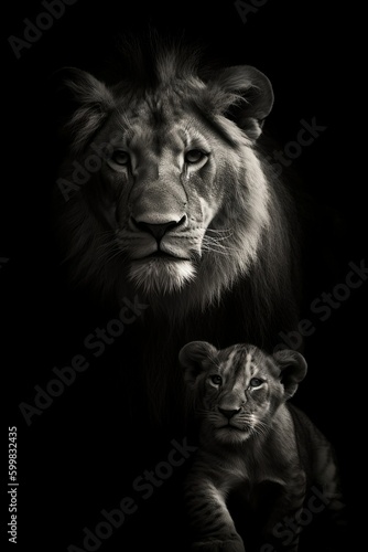 Black and white Portrait of a lion with his Cub - Generative ai