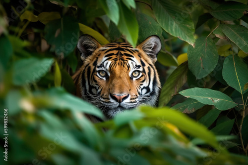 Tiger Concealed Amidst the Lush Greenery - Generative ai © Nld