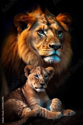 Colorful Chiaroscuro Portrait Lion with Baby Lion - Generative ai