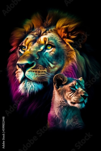 Chiaroscuro Lion Portrait with a Lion cub  Vivid Color - Generative ai