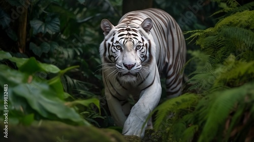 Majestic White Tiger: Powerful Presence Prowling Through Dense Jungle - Generative ai © Nld
