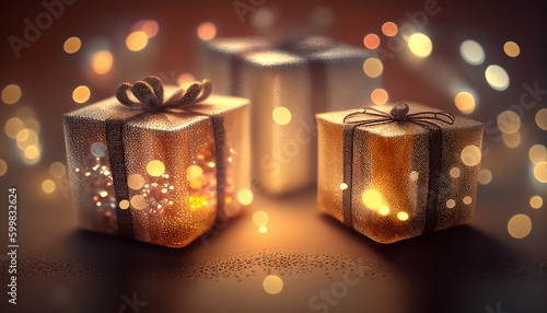 christmas gift boxes and bokeh lights 3d illustration. Generative AI