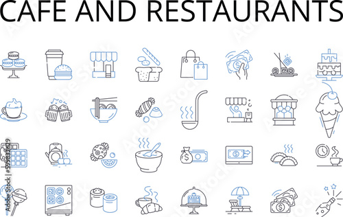 Cafe and restaurants line icons collection. Bistro, Diner, Eatery, Brasserie, Trattoria, Gastropub, Tavern vector and linear illustration. Pub,Canteen,Deli outline signs set